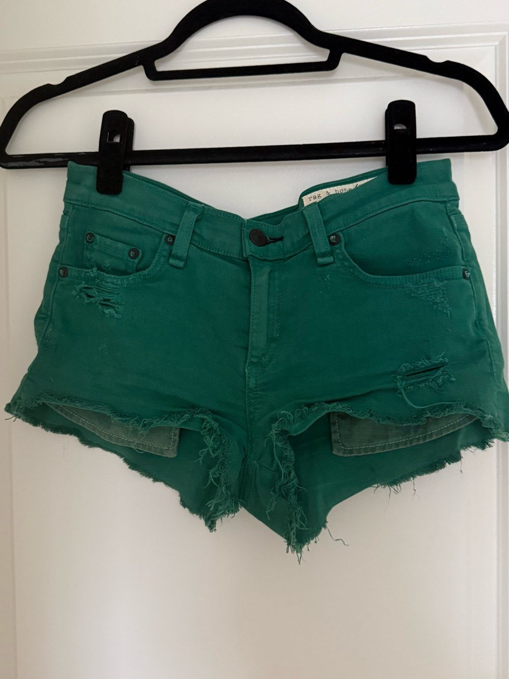 rag & bone for Intermix Teal Green Distressed Denim Cutoff Shorts